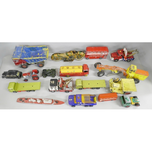 2144 - A collection of die-cast model vehicles, play worn and some painted, tin-plate motorcycle a/f. To in... 