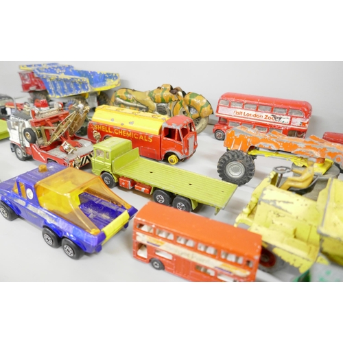 2144 - A collection of die-cast model vehicles, play worn and some painted, tin-plate motorcycle a/f. To in... 