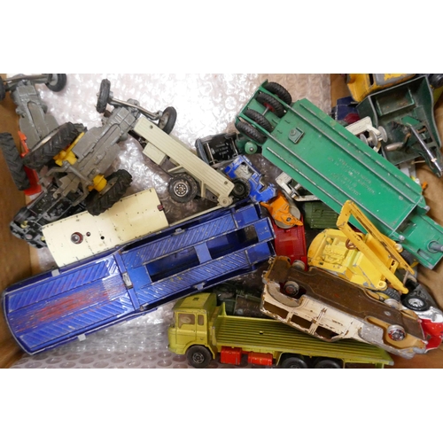 2144 - A collection of die-cast model vehicles, play worn and some painted, tin-plate motorcycle a/f. To in... 