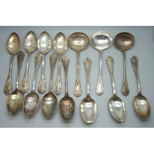 2145 - A part cutlery set with engraved family crest - 24 forks, 24 dessert forks, 2 serving spoons, 16 des... 