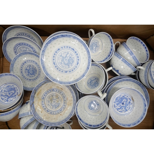 2155 - A large collection of Chinese blue and white bowls, cups and saucers (approximately 22 cups). Each w... 