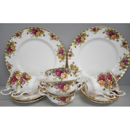 2158 - A bone china Royal Albert dinner service for six in the Old Country Roses pattern, including soup bo... 