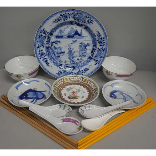 2165 - A box of mixed Chinese porcelain including bowls, plates, teacups with various designs. AF  **PLEASE... 