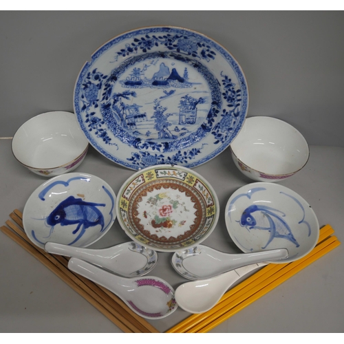 2165 - A box of mixed Chinese porcelain including bowls, plates, teacups with various designs. AF  **PLEASE... 