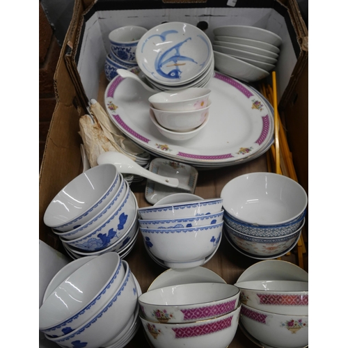 2165 - A box of mixed Chinese porcelain including bowls, plates, teacups with various designs. AF  **PLEASE... 