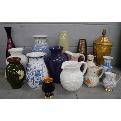 2254 - A collection of thirteen vases, table lamp, clock and two prints including a Mason’s Mandalay vase