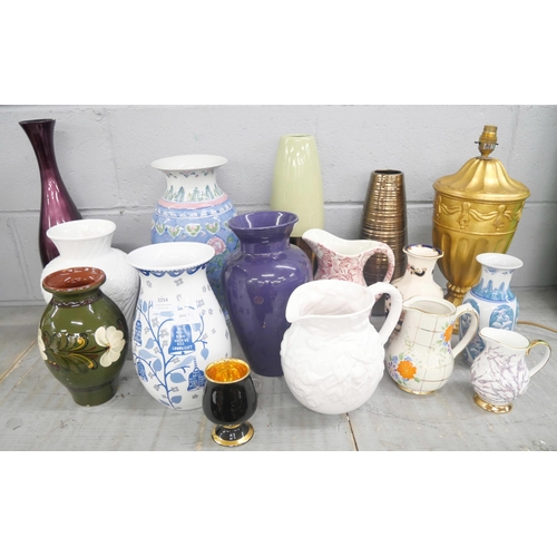 2254 - A collection of thirteen vases, table lamp, clock and two prints including a Mason’s Mandalay vase