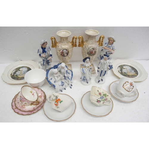 2264 - A collection of mixed china and glass to include five figurines, two Empire England vases, tea cups,... 