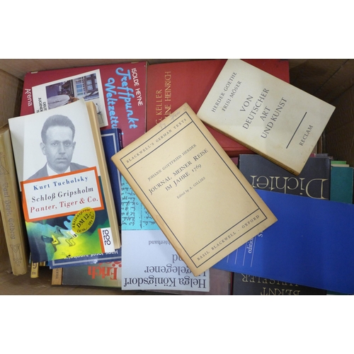 2270 - Five boxes and two bags of assorted hardback and paperback books, a mix of German and English langua... 