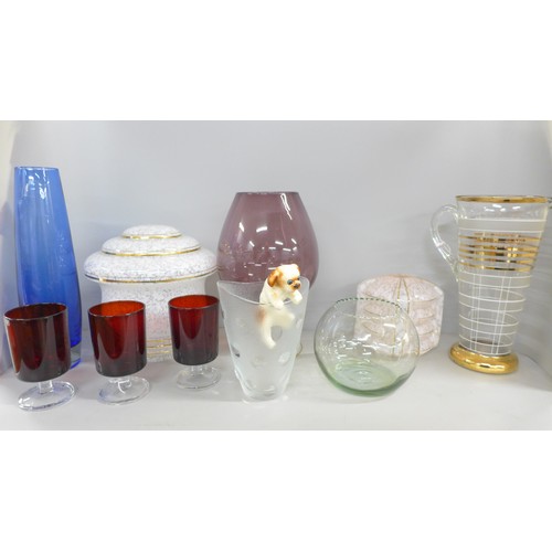 2271 - A large collection of glass including two Art Deco light shades, pitcher, vases, large 