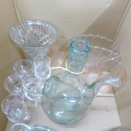 2271 - A large collection of glass including two Art Deco light shades, pitcher, vases, large 