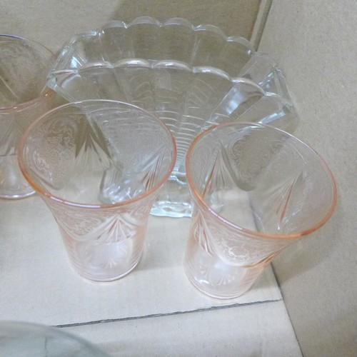 2271 - A large collection of glass including two Art Deco light shades, pitcher, vases, large 