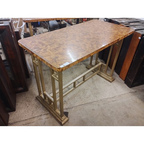 295 - An Art Deco style cast iron and faux burr walnut topped pub table