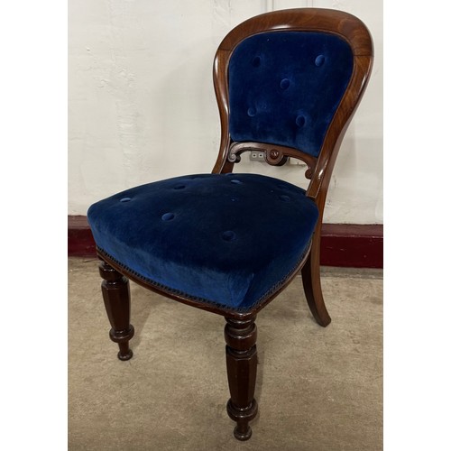 173 - A set of six Victorian mahogany and blue fabric ballonback dining chairs