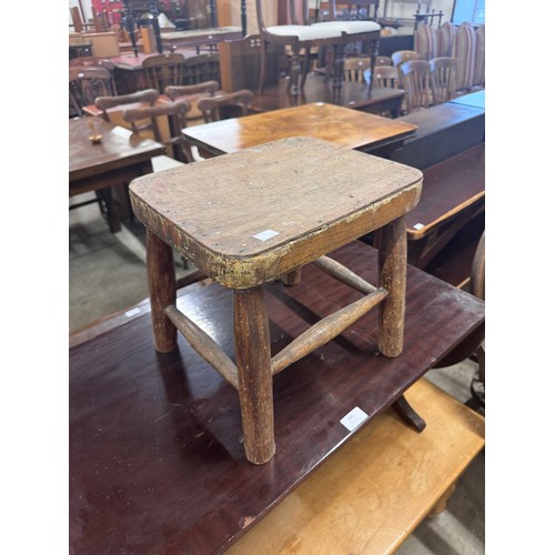 280 - A mahogany drop leaf coffee table, a stool and a pine coffee table