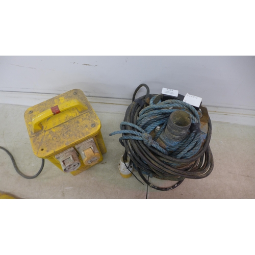 5193 - A 110V double socket transformer, a 110V Makita demolition hammer and a 110V submersible pump