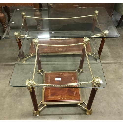 279 - Two Italian Hollywood Regency gilt metal, faux walnut and glass topped coffee table