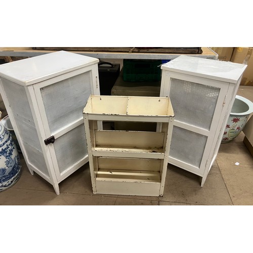 316 - Two white painted meat safes and a vegetable rack