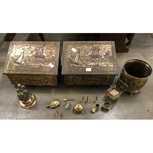 305A - Two brass log boxes and a collection of brassware