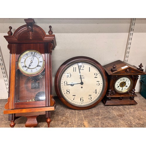 364 - A Smiths mahogany 8 day wall clock, a beech mantel clock and a wall clock