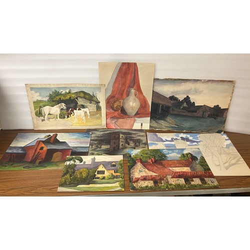 378 - A large folio of original artworks, including watercolours, drawings, etc.