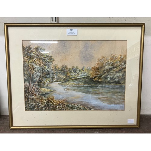 379 - English School, river landscape, watercolour, indistinctly signed and dated 1955, framed