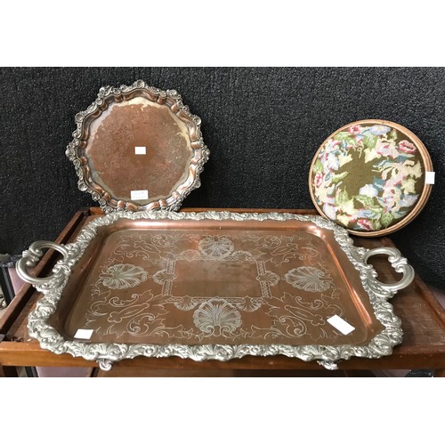 343A - A large plated tea tray, a plated salver and a beech and fabric upholstered footstool