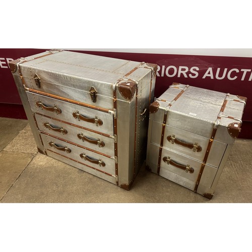 122 - Two aviation style riveted aluminium and leather mounted chest of drawers