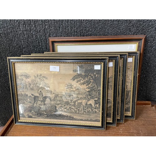 391 - A set of four French hunting scene prints, a limited edition Archibald Thorburn print of a fox and a... 