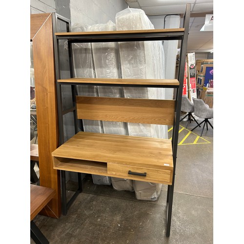 3211 - An oak and metal desk with shelving