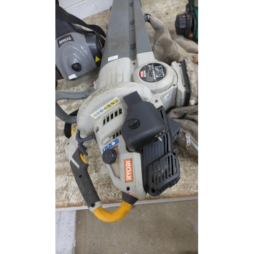 5210 - A Ryobi LWA110BE petrol blower vacuum with collector bag and a Titan TTL530GBC petrol strimmer