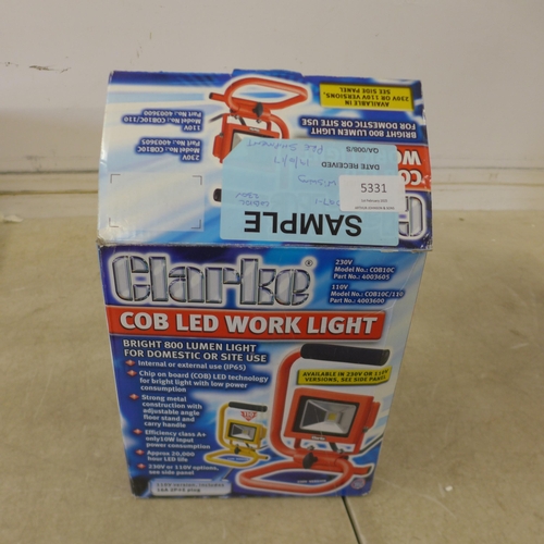 5331 - *VAT* Three LED work lights, a Clarke rechargeable LED COB work light  and two Clarke 110v COV LED w... 