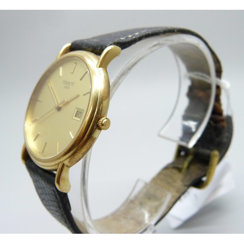 7151 - An 18ct gold Tissot wristwatch with date aperture, 34mm including crown, boxed and with guarantee da... 