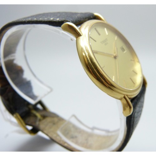 7151 - An 18ct gold Tissot wristwatch with date aperture, 34mm including crown, boxed and with guarantee da... 