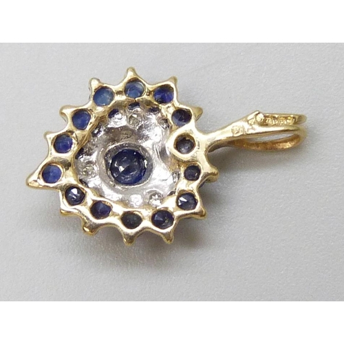 7015 - A 9ct gold, diamond and sapphire heart shaped cluster pendant, 0.8g, 1.6cm, a/f split to bale