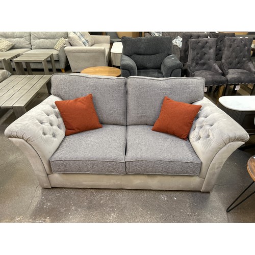 3077 - A taupe velvet and grey fabric two seater sofa