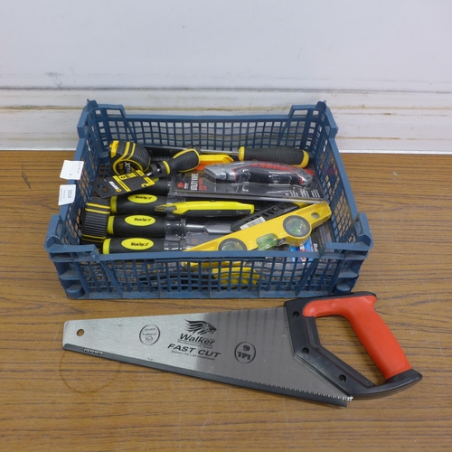 5014 - A selection of assorted hand tools including a Walker 14” fast cut hand saw, tape measures, a spirit... 