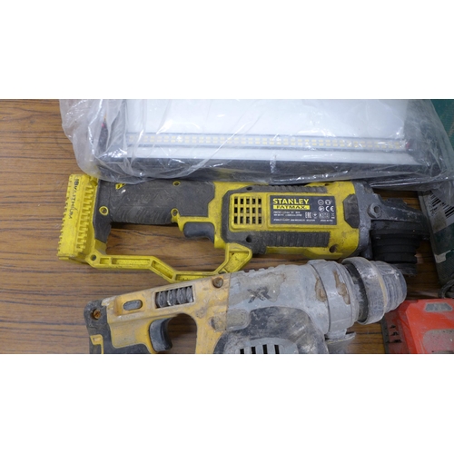 5046 - A box of assorted power tools, batteries and other items including a Stanley Fat Max 18v cordless an... 