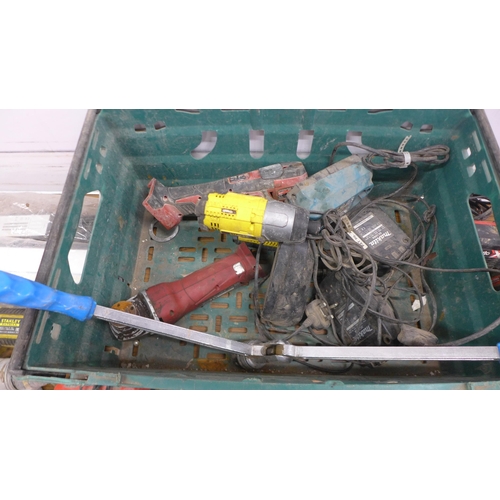 5046 - A box of assorted power tools, batteries and other items including a Stanley Fat Max 18v cordless an... 