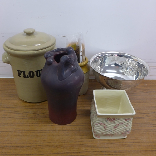 5086 - A collection of metalware, stoneware and pottery including, Laura Ashley Josette ceramic tissue box,... 