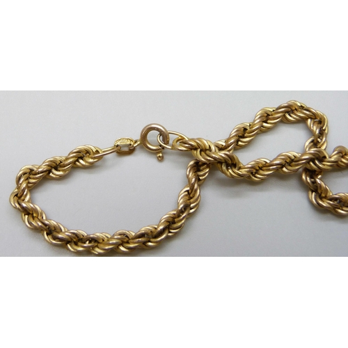 7038 - A 9ct gold rope chain bracelet, 3g, 18.5cm