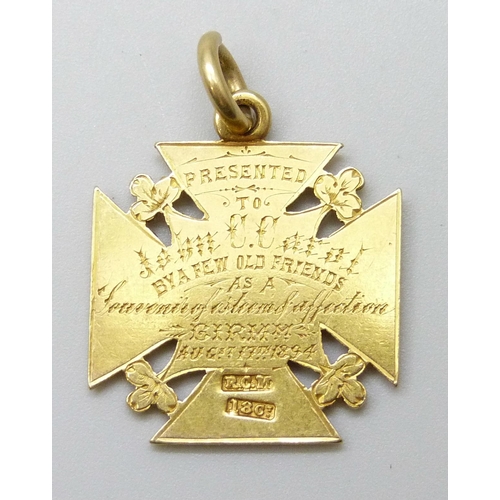 7074 - A Victorian 18ct gold fob medal with inscription dated 1894, 8.5g