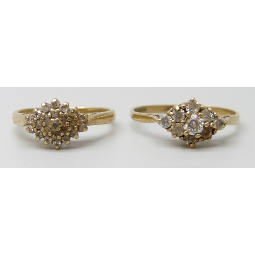 7085 - A 9ct gold and diamond cluster ring, 2.1g, J, and a 9ct gold and white stone ring, 1.6g, Q