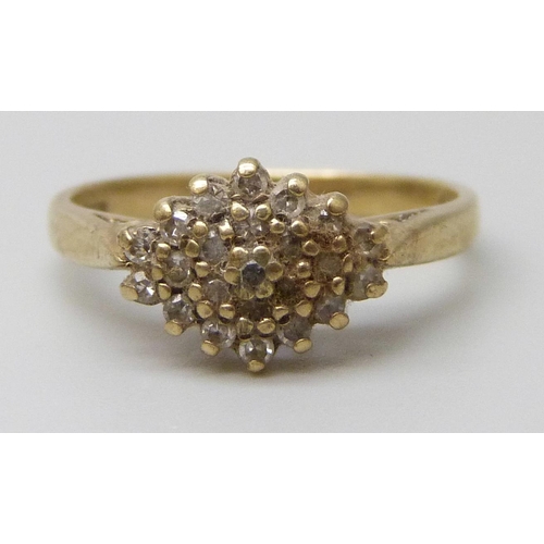 7085 - A 9ct gold and diamond cluster ring, 2.1g, J, and a 9ct gold and white stone ring, 1.6g, Q