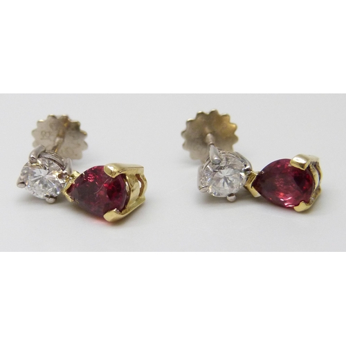 7087 - A pair of 18ct yellow and white gold claw set brilliant cut diamond and pendaloque cut ruby drop ear... 