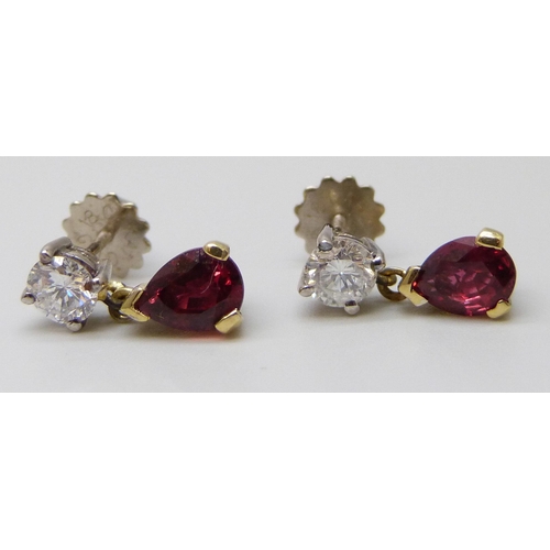 7087 - A pair of 18ct yellow and white gold claw set brilliant cut diamond and pendaloque cut ruby drop ear... 