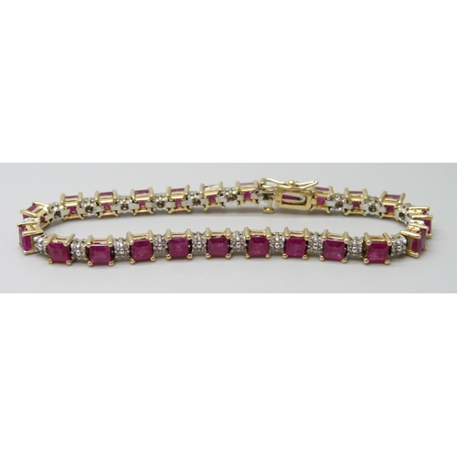 7090 - A 14k yellow and white gold claw set ruby and diamond line bracelet with box clasp and safety catch,... 