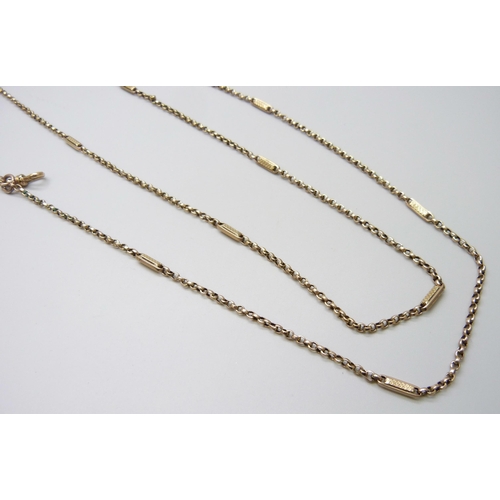 7092 - A yellow metal fancy link long guard chain, 28g, 170cm