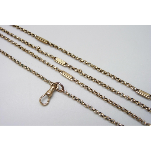 7092 - A yellow metal fancy link long guard chain, 28g, 170cm