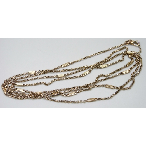 7092 - A yellow metal fancy link long guard chain, 28g, 170cm